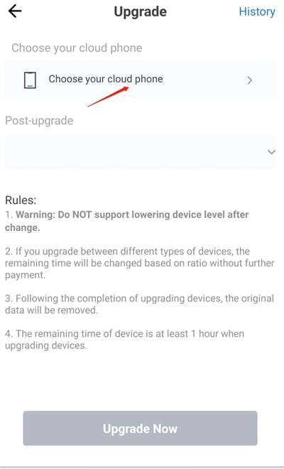 Upgrade Device Step 2 Choose cloud phone